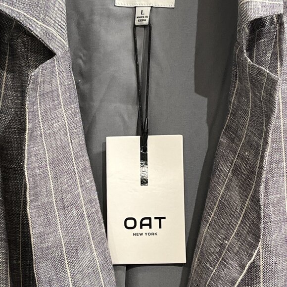 Oat Blazer Womens L‎ Blue Linen Woven Striped One Button Lined Nautical Preppy - Picture 3 of 11